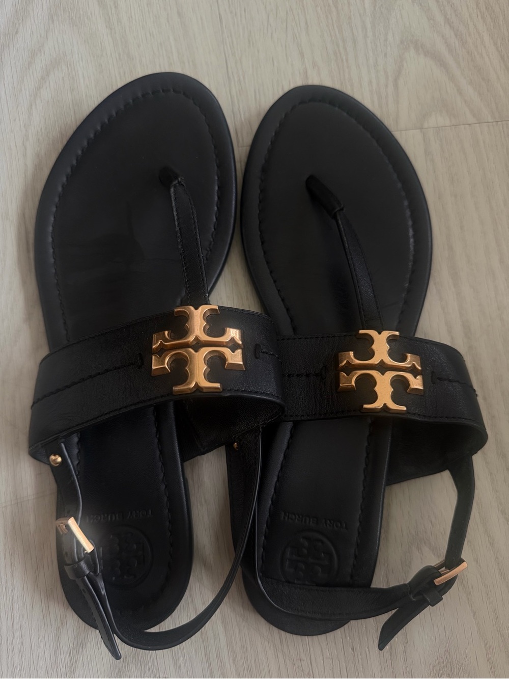 Tory Burch Black Leather Sandals with Gold Logo Accent
